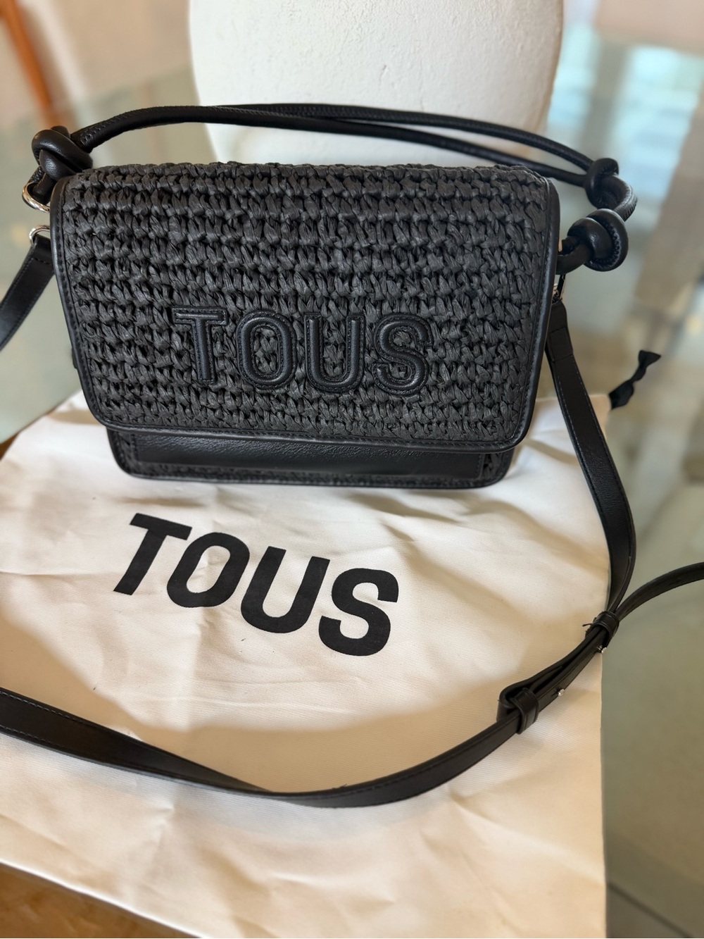 TOUS Black Raffia Leather Crossbody Shoulder Bag